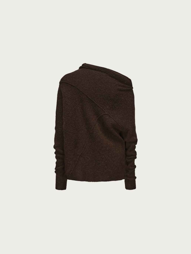 Dark Brown Asymmetric-Neck Knit Sweater