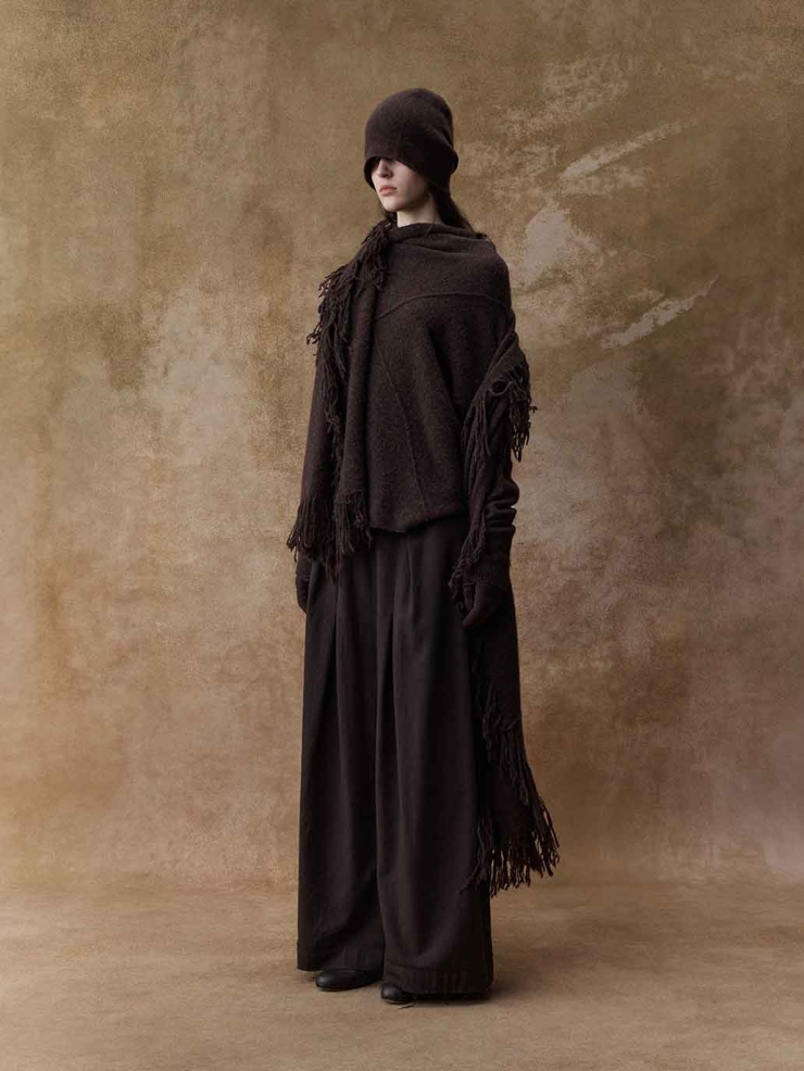 Dark Brown Asymmetric-Neck Knit Sweater