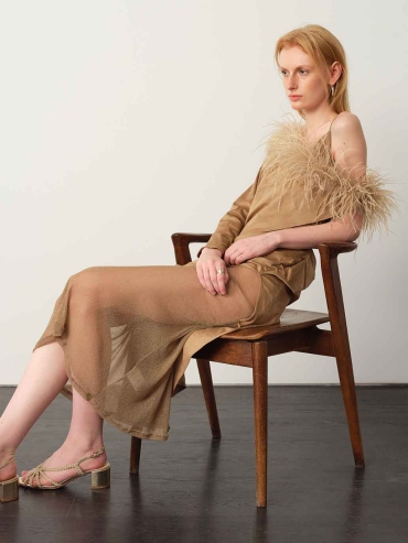 Brown Starry Tulle & Suede Cami Dress