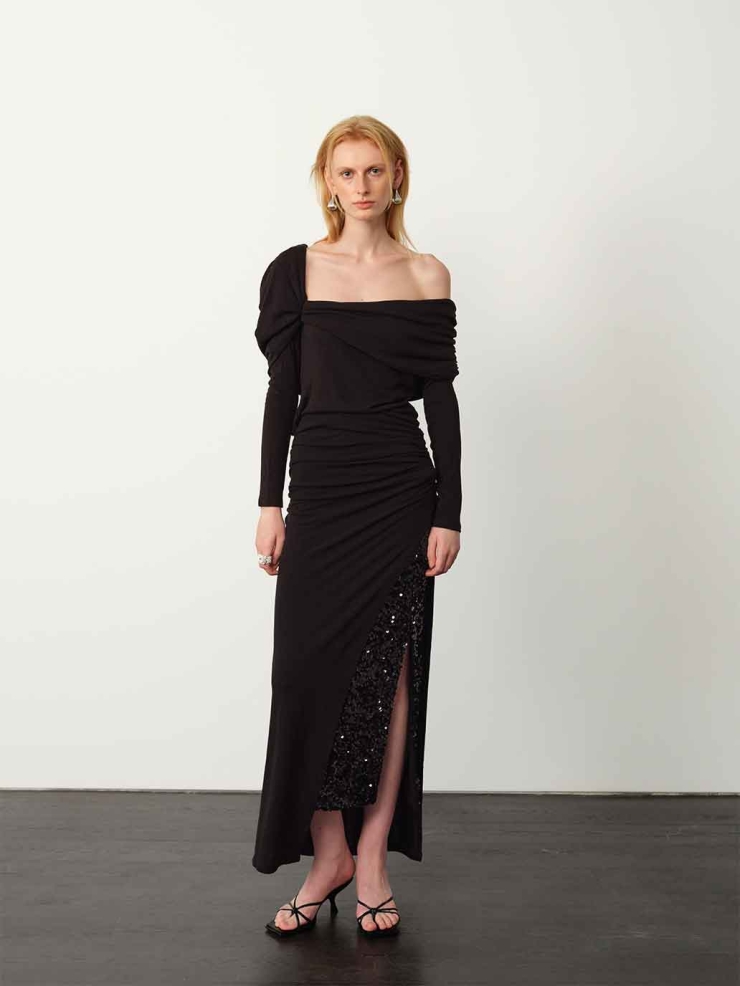 Black Wool Ruched Top