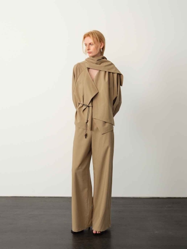 Khaki Scarf-Collar Tie-Cuff Blouse