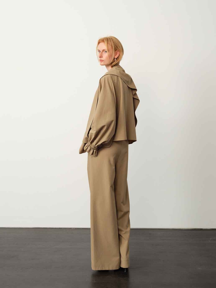 Khaki Scarf-Collar Tie-Cuff Blouse