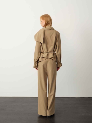 Khaki Scarf-Collar Tie-Cuff Blouse