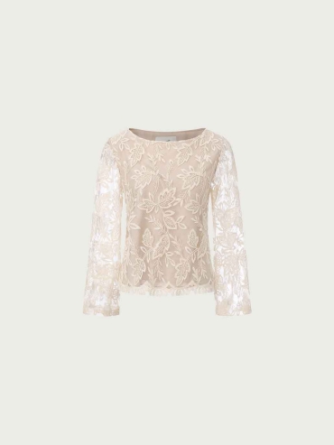 Apricot Lace Jacquard Sheer Blouse