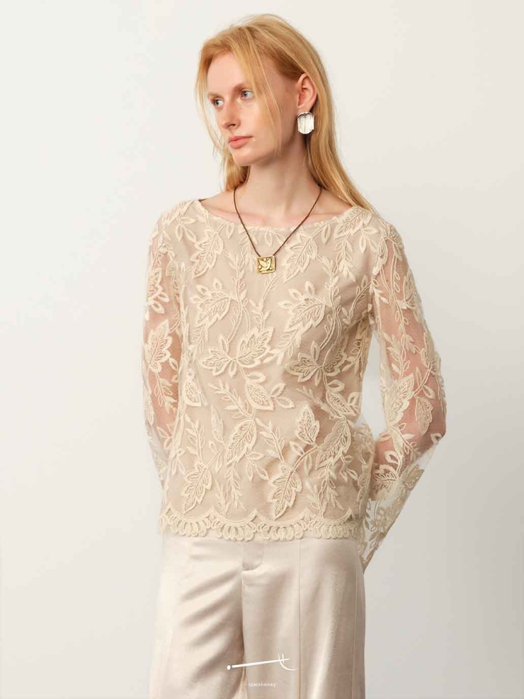 Apricot Lace Jacquard Sheer Blouse