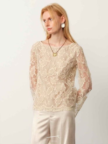 Apricot Lace Jacquard Sheer Blouse