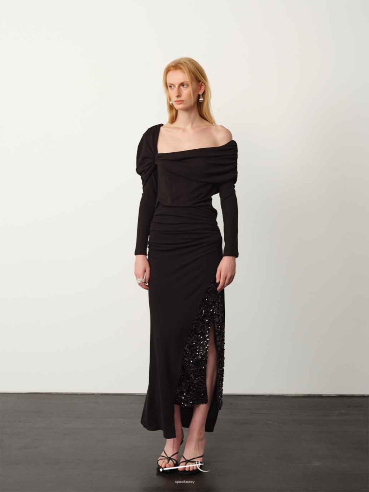 Black Fine Sequin Tencel Wool Gathered Skirt