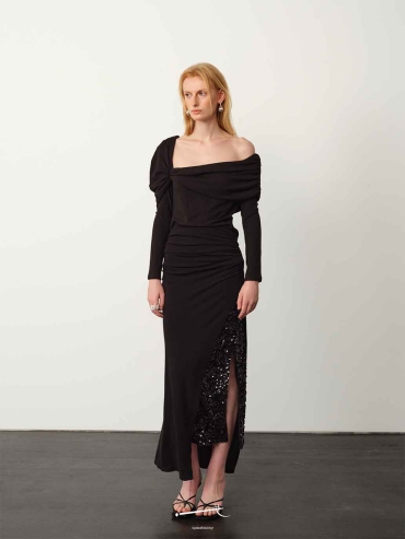 Black Fine Sequin Tencel Wool Gathered Skirt