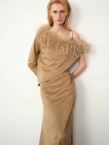 Brown Asymmetric Suede Cape with Ostrich Feather Trim