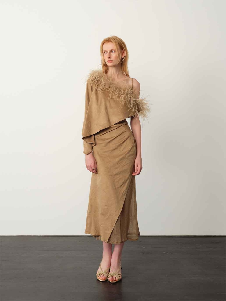 Brown Asymmetric Suede Cape with Ostrich Feather Trim