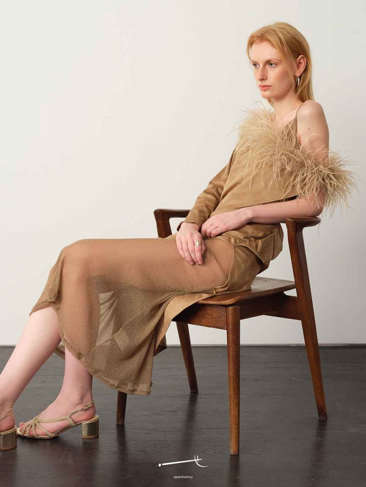 Brown Asymmetric Suede Cape with Ostrich Feather Trim