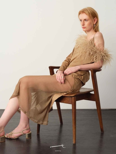 Brown Asymmetric Suede Cape with Ostrich Feather Trim