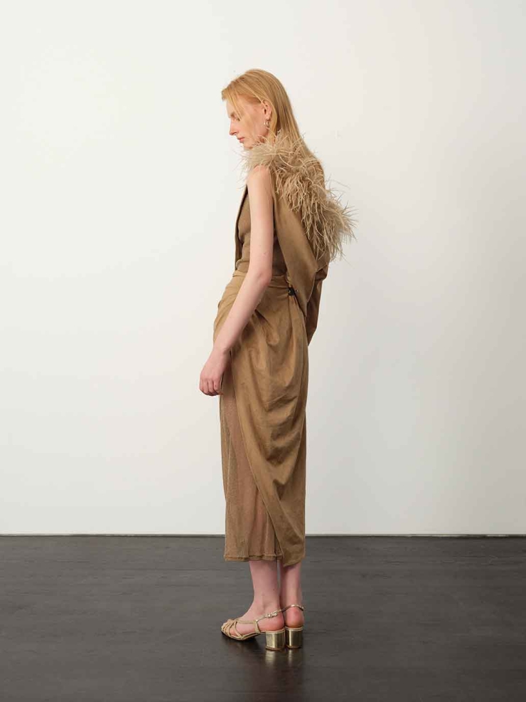 Brown Asymmetric Suede Cape with Ostrich Feather Trim
