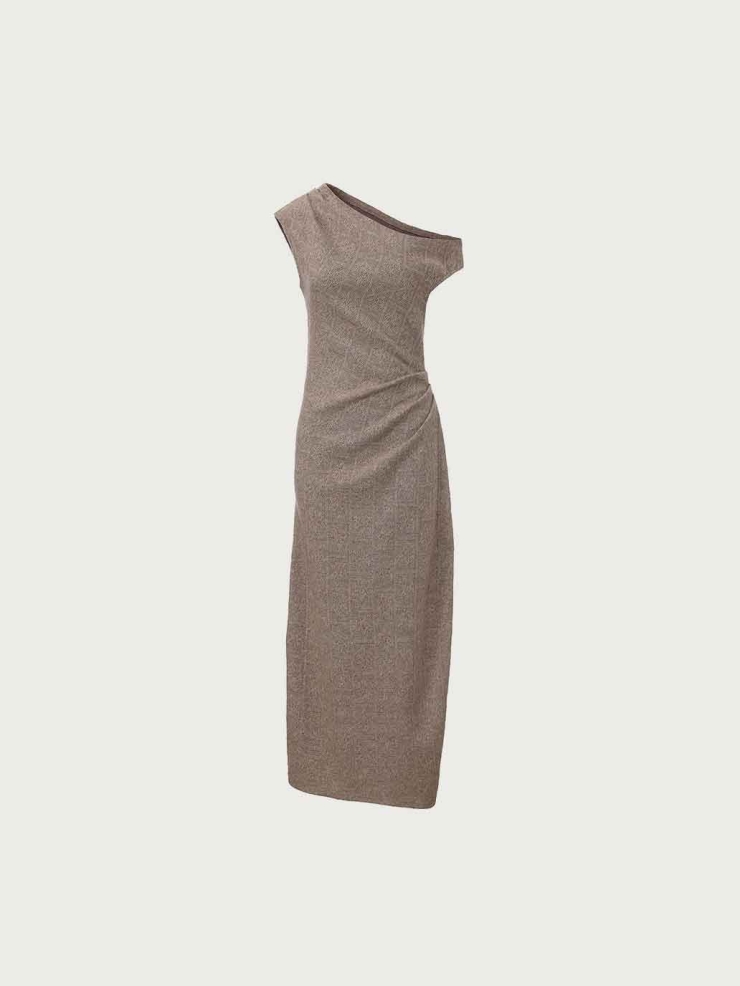 Brown One-Shoulder Knitted Maxi Dress