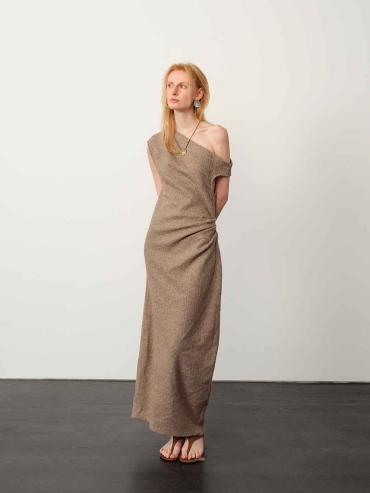 Brown One-Shoulder Knitted Maxi Dress