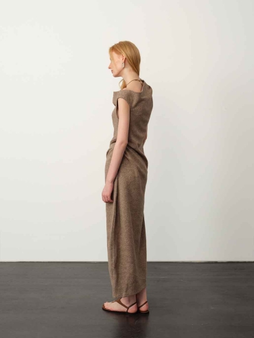 Brown One-Shoulder Knitted Maxi Dress