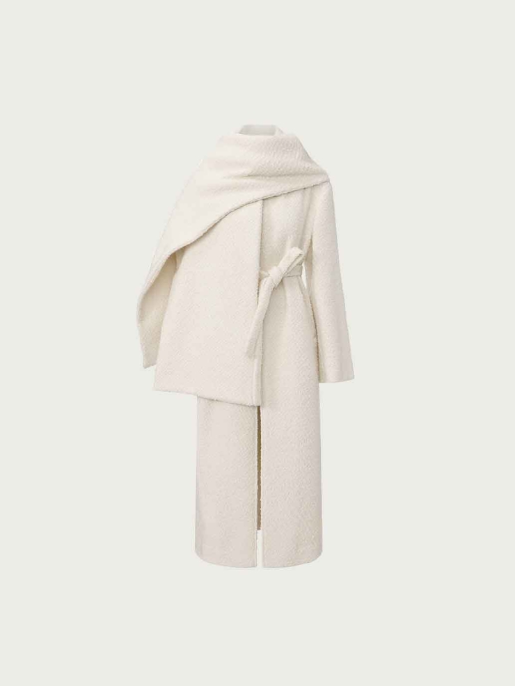 White Wool Collar-Scarf Coat