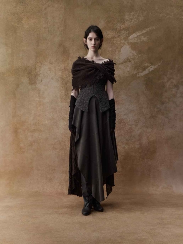 Brown Double-Layer Panelled Midi Skirt