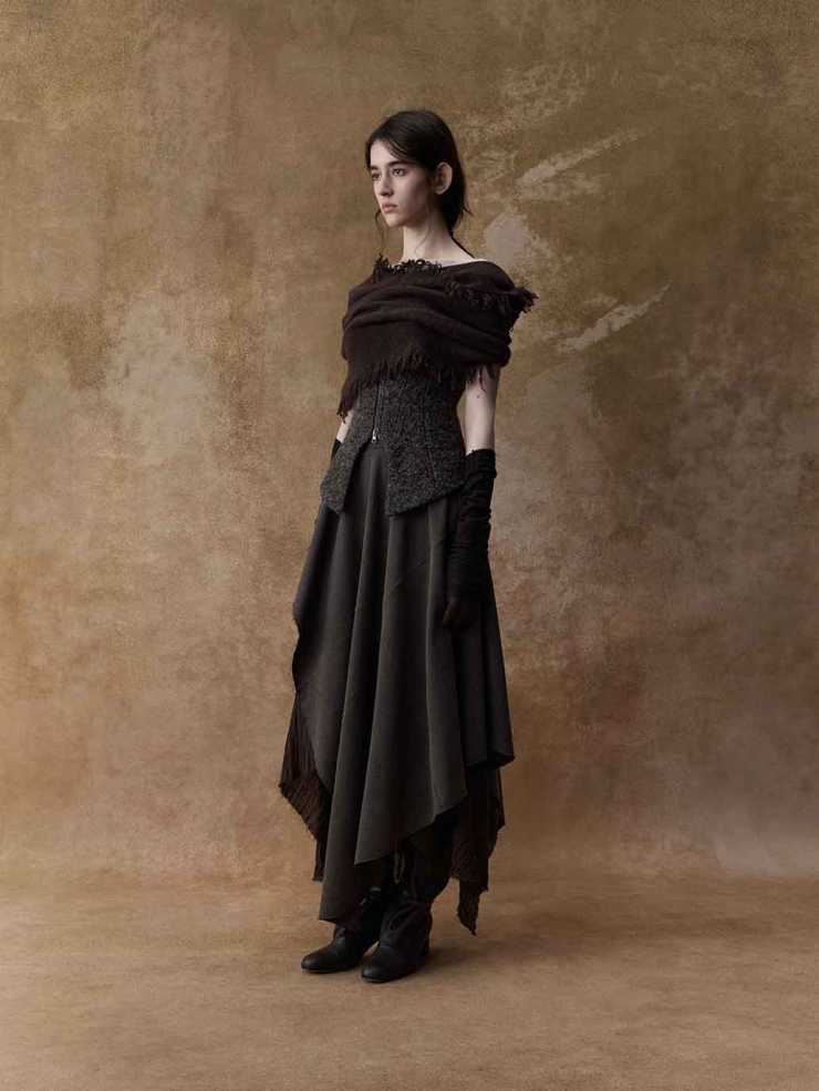 Brown Double-Layer Panelled Midi Skirt