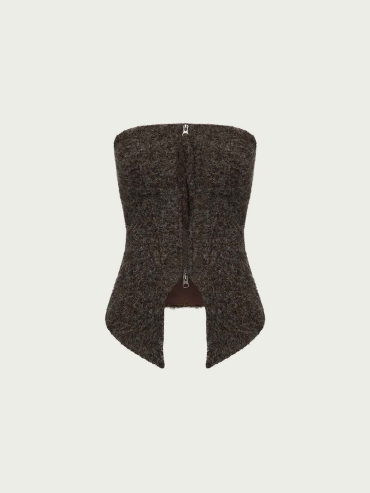 Brown Zip-Up Strapless Top