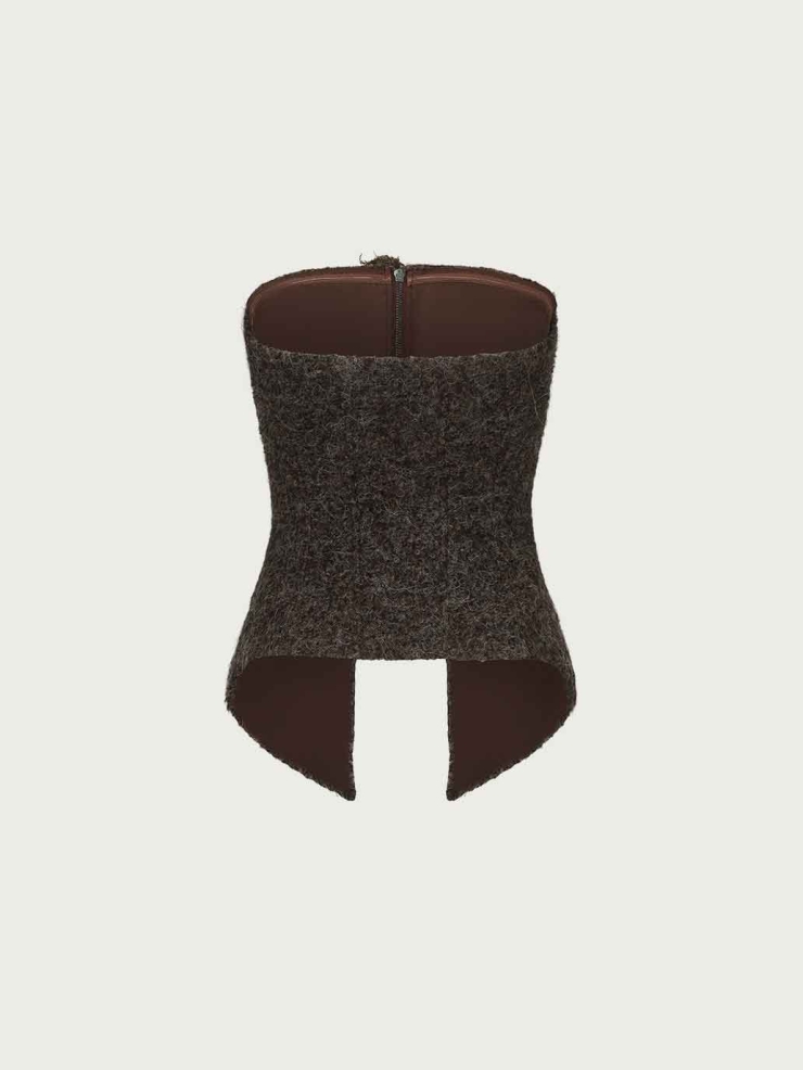 Brown Zip-Up Strapless Top