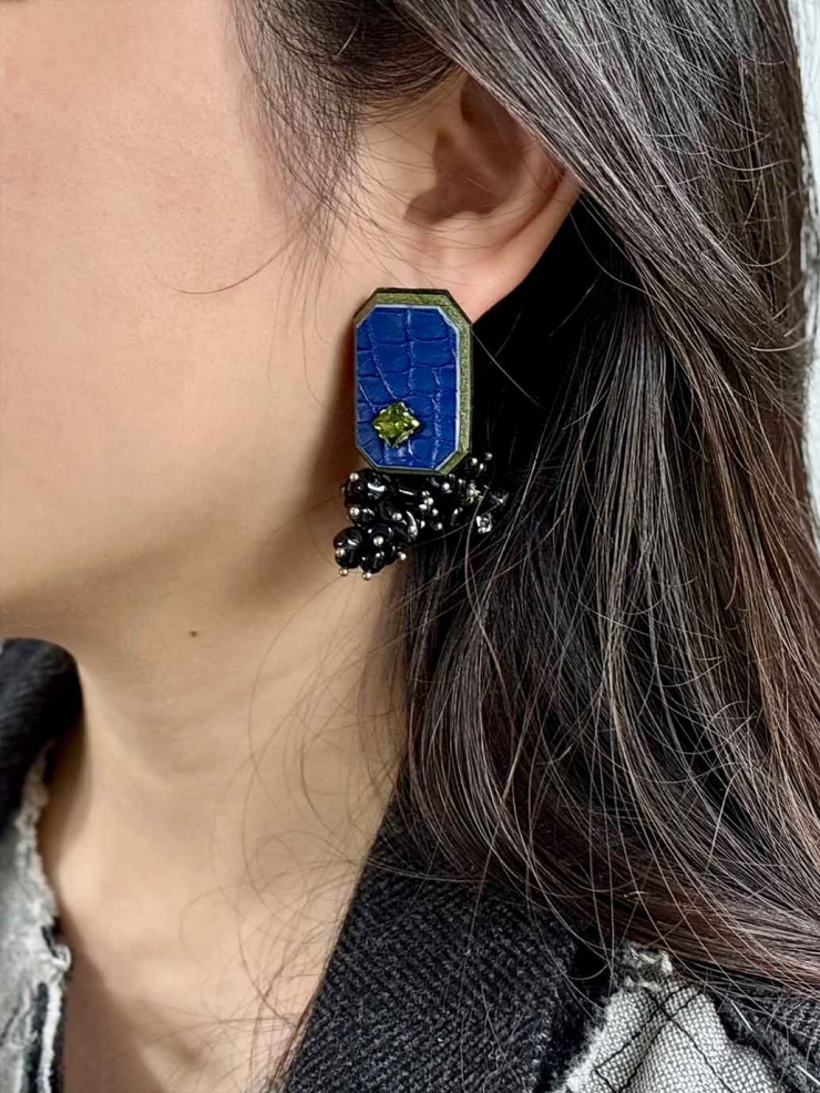 Black Agate Cluster Rare Leather  Gemstone Stud-Single