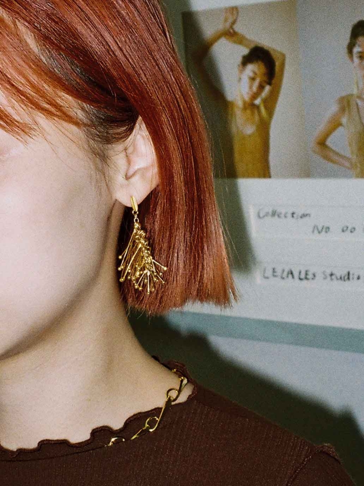 Gold Pine Needle Stud Earrings