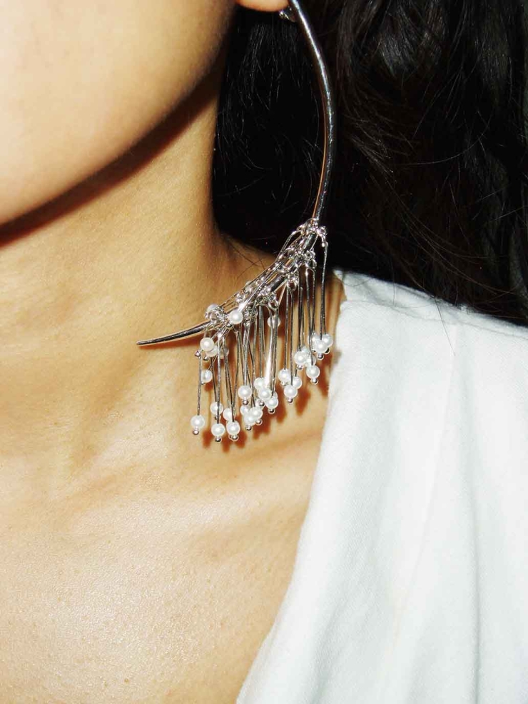 Silver Rain Pine Pearl Half Drop Earrings