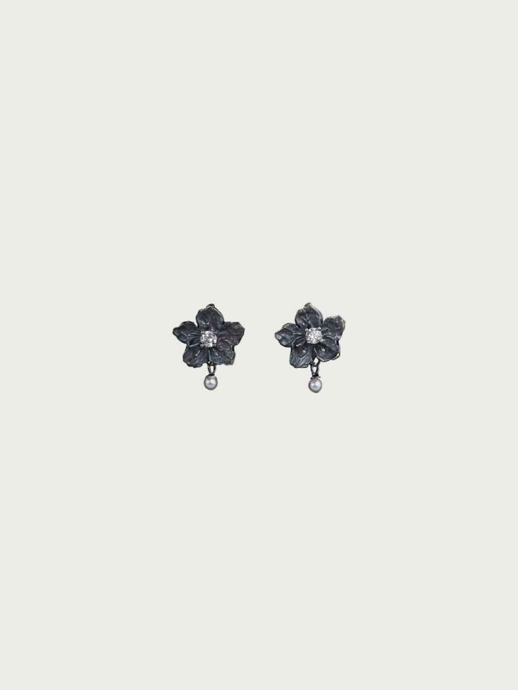 Black Moonlit Flower Earrings