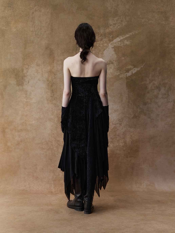 Black Lace Point-Hem Strapless Dress