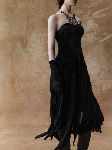 Black Lace Point-Hem Strapless Dress