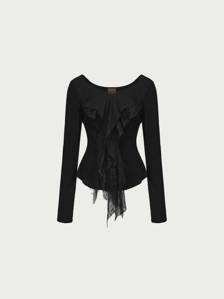 Black Lace-Paneled Long-Sleeve Top