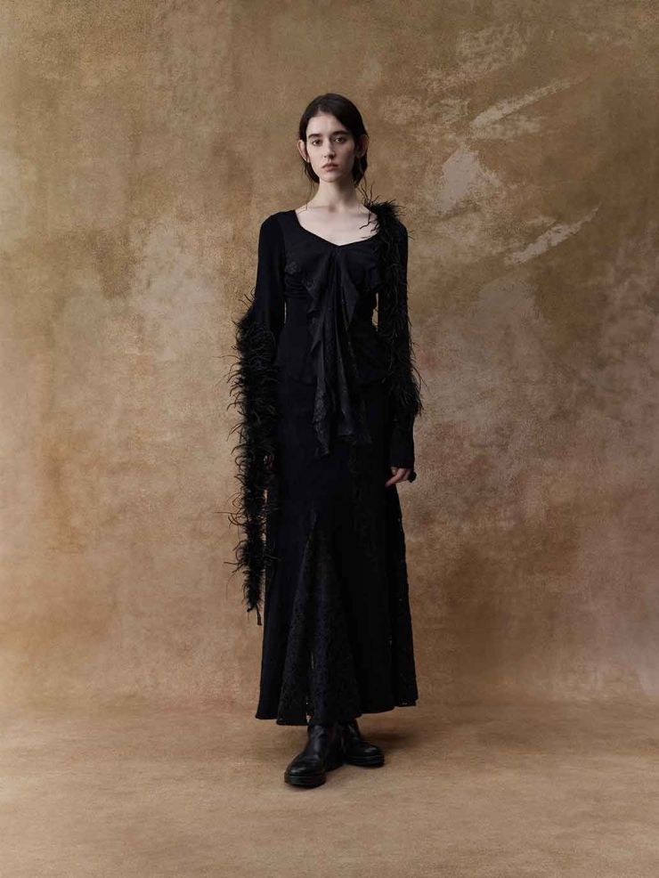 Black Lace-Paneled Long-Sleeve Top