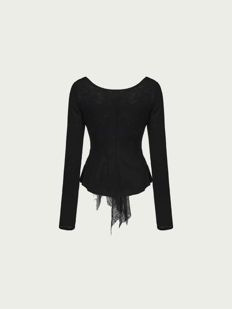 Black Lace-Paneled Long-Sleeve Top