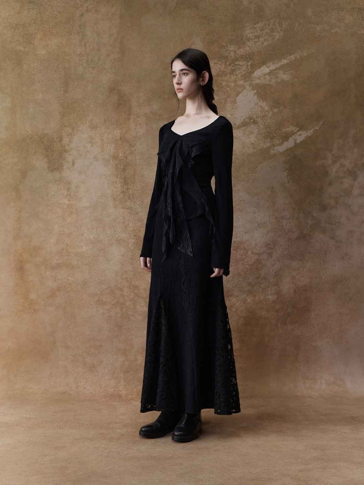 Black Lace-Paneled Long-Sleeve Top