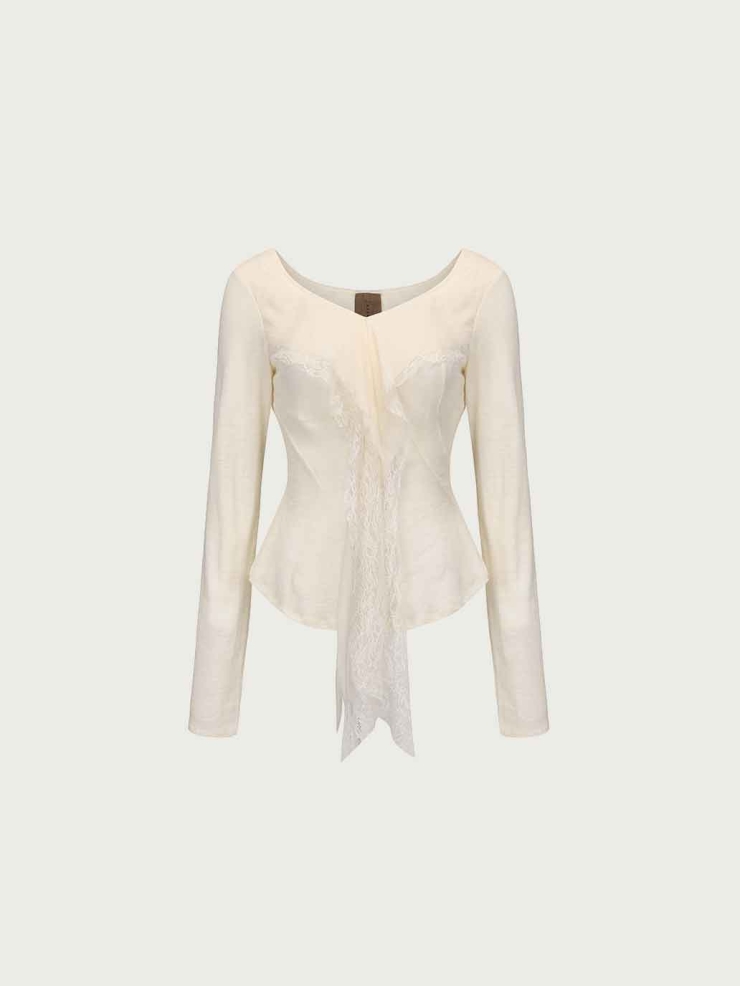 Cream Lace-Paneled Long-Sleeve Top