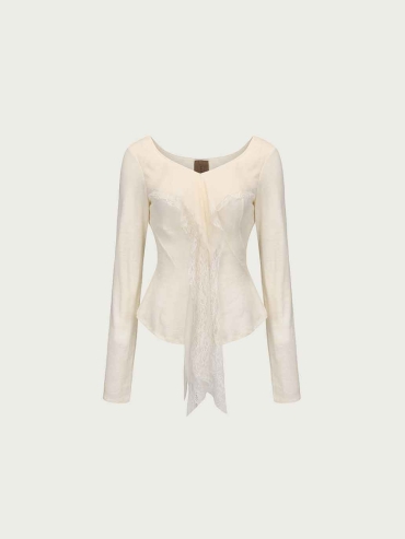 Cream Lace-Paneled Long-Sleeve Top