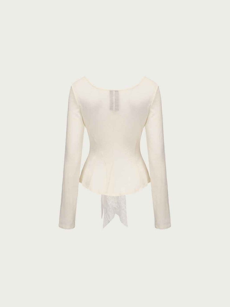Cream Lace-Paneled Long-Sleeve Top