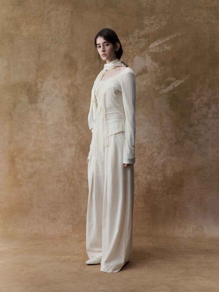 Cream Lace-Paneled Long-Sleeve Top