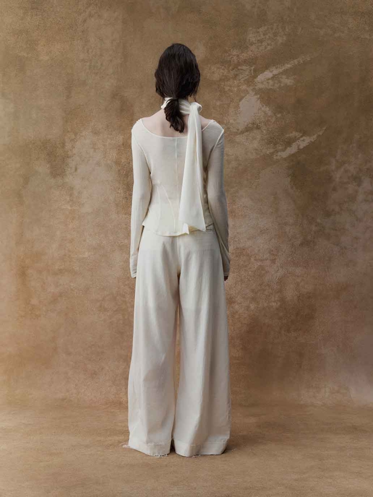 Cream Lace-Paneled Long-Sleeve Top