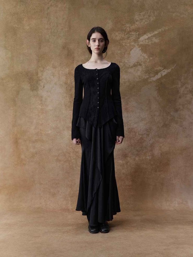 Black Patchwork Wool Crewneck Top