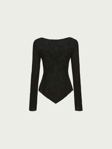 Black Patchwork Wool Crewneck Top