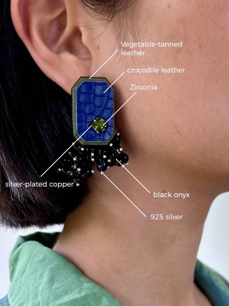 Black Agate Cluster Rare Leather  Gemstone Stud-Single