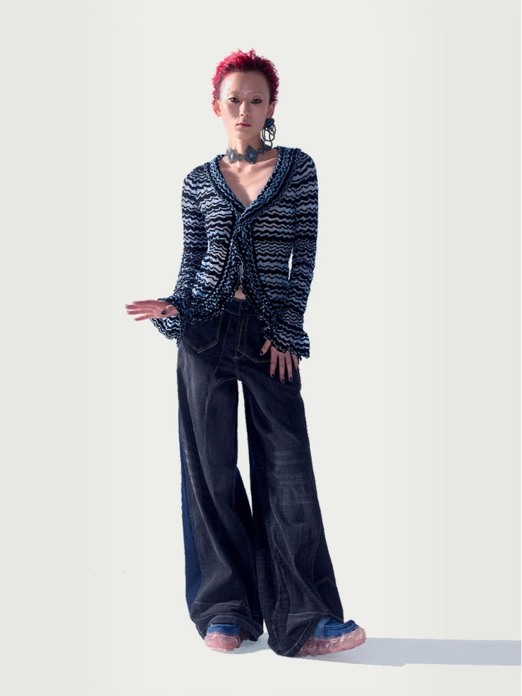 Blue glass yarn striped ruffle cardigan