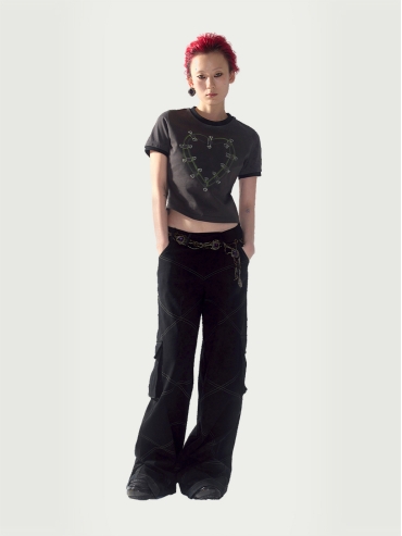 Green-gray safety pin heart T-shirt