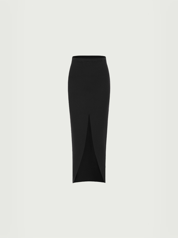 Black wool skirt with front slit