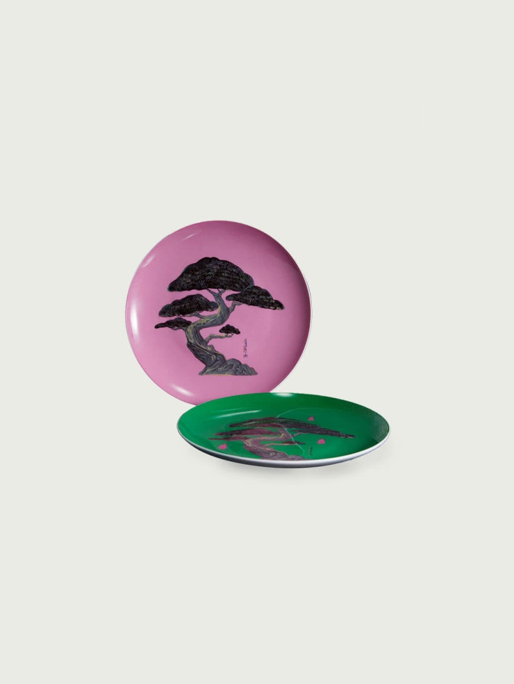 Pink/green pine and cypress plate set（set-2pcs）