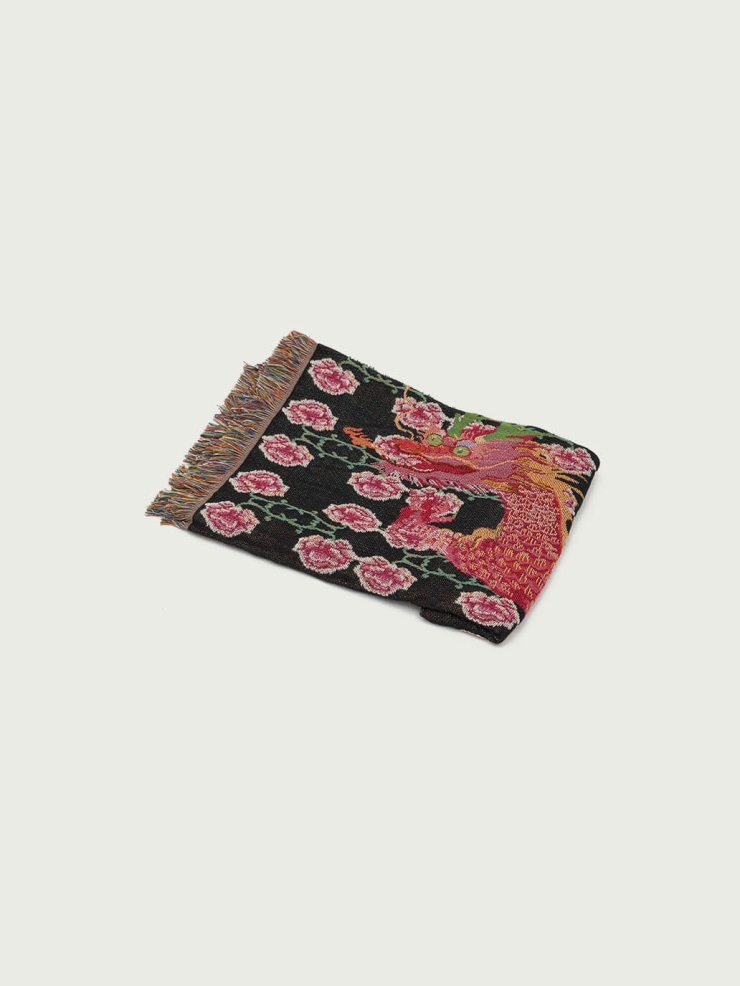 Black and pink coiling dragon and peony blanket