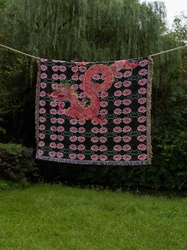 Black and pink coiling dragon and peony blanket