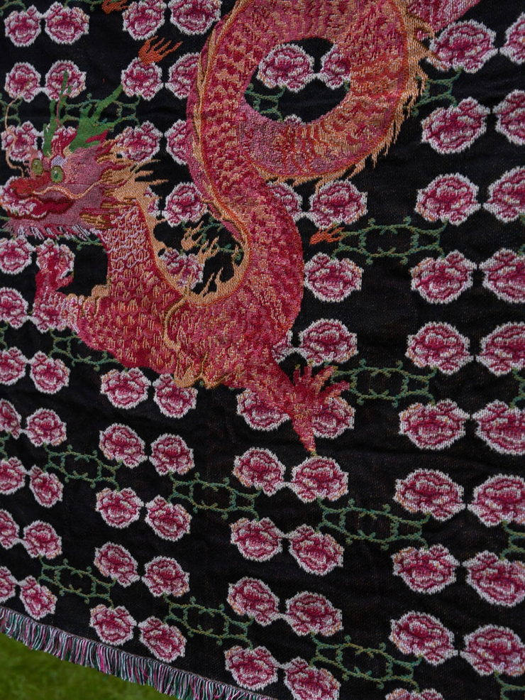 Black and pink coiling dragon and peony blanket